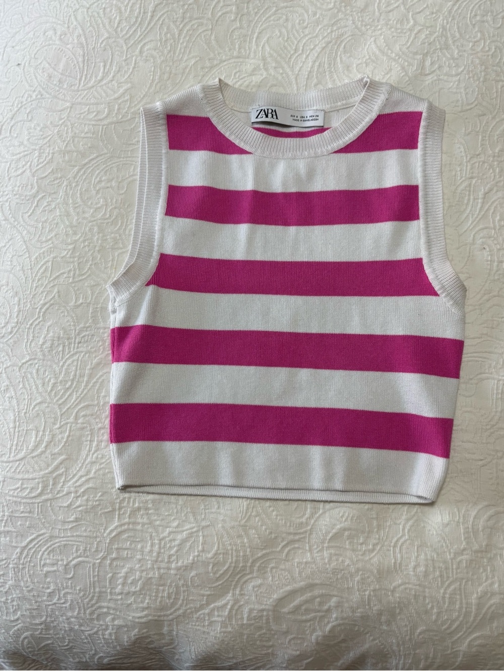 ZARA Pink and White Striped Sleeveless Knit Crop Top